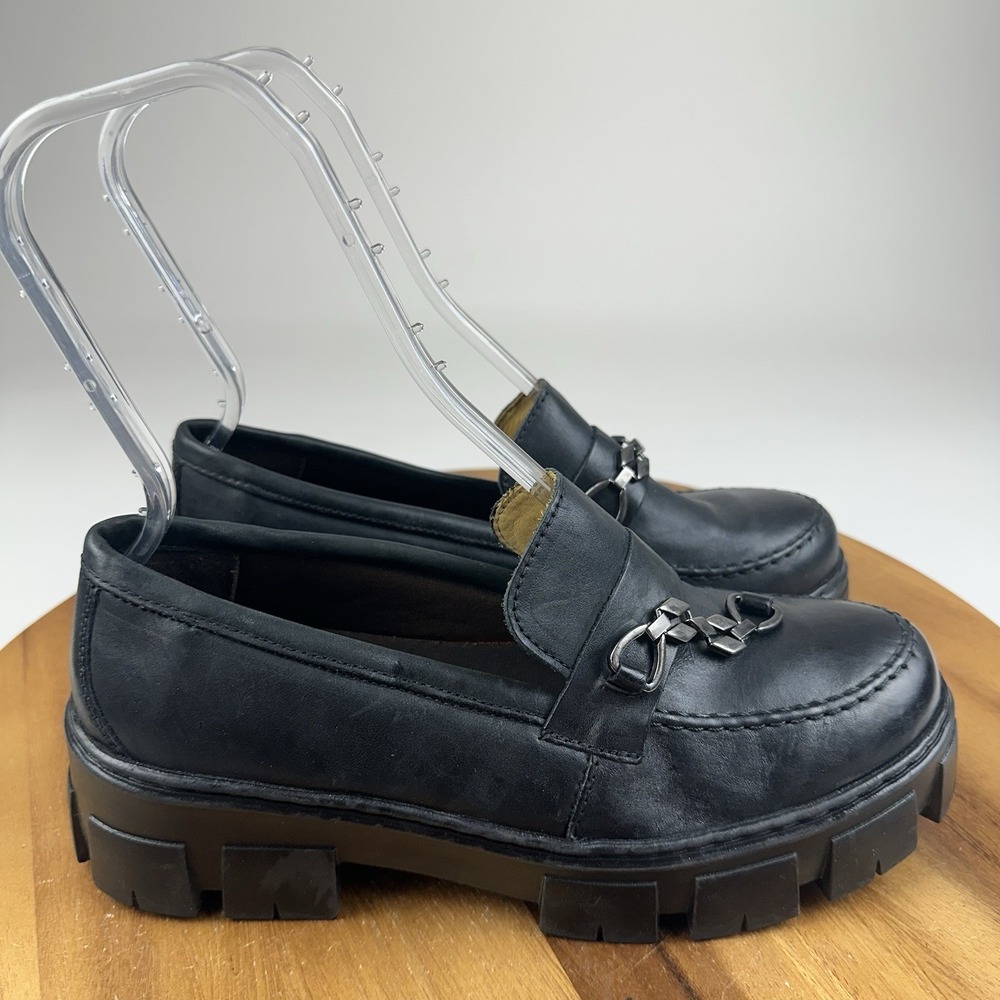 New NWOB Womens Sandro Moscoloni Black Leather Lug Sole Horsebit Loafers Size 10